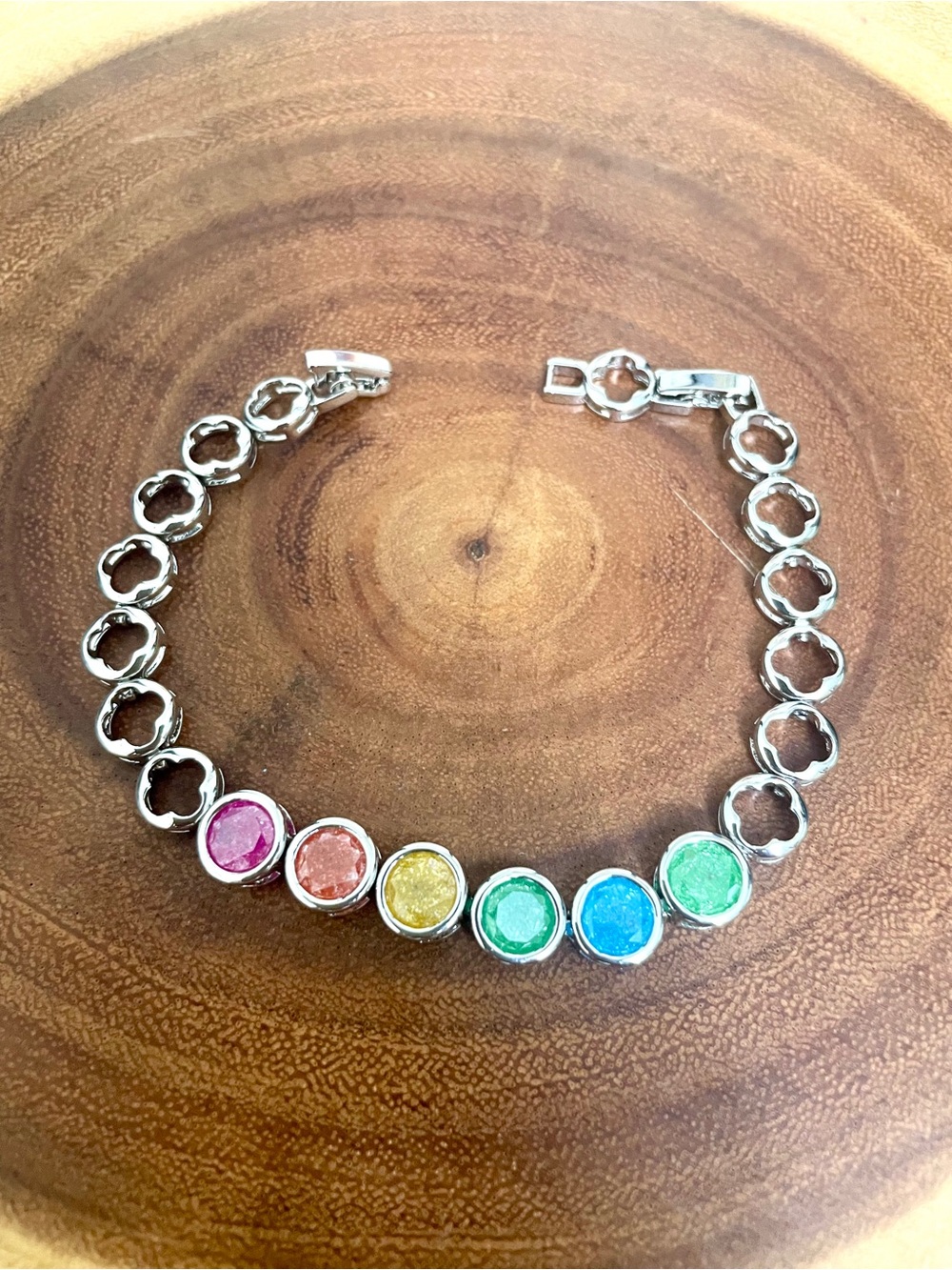 Multicolor Candy CZ Tennis Bracelet Druzy Bezel Set White Gold Filled NWOT - Picture 6 of 8